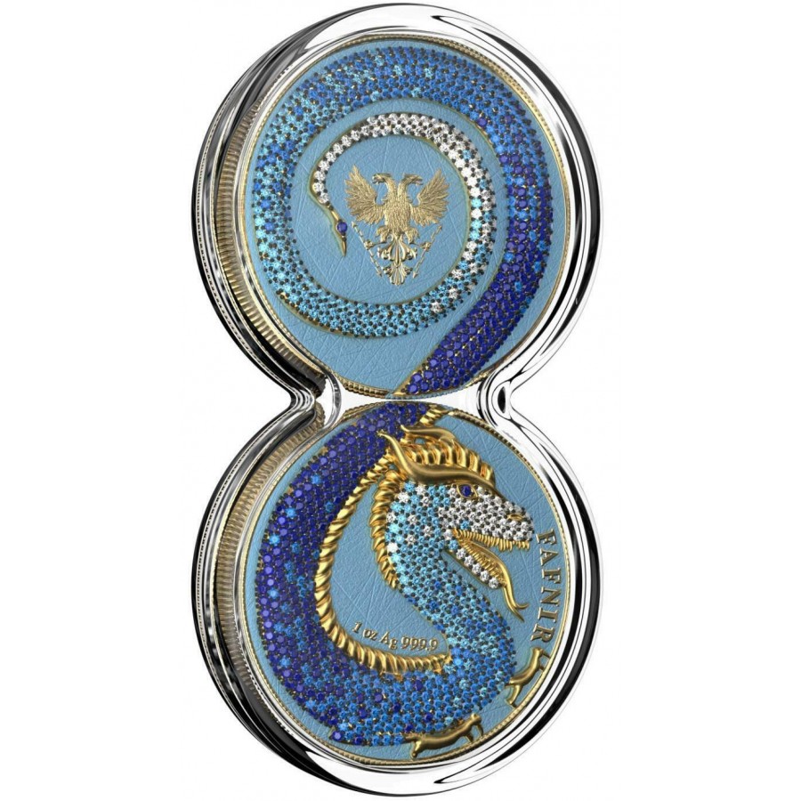 Germania PINK and BLUE DRAGON MONOTONE GRADIENT Special Edition BEASTS FAFNIR GEMINUS 2 x 5 Mark 2020 Two Coin Silver Set Metallic plated Crystals inlay (1 oz x 2) 2 oz